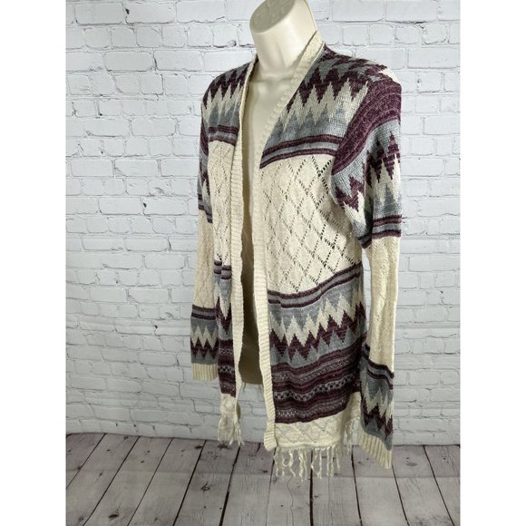 Vanity Purple Beige Semi Sheer Loose Knit Sweater Cardigan W Tassels Women’s L - Picture 3 of 15